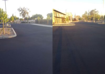 Two pictures of a parking lot with a black paved surface.