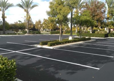 A parking lot with trees and bushes.