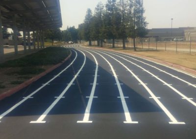 A running track with white lines painted on it.